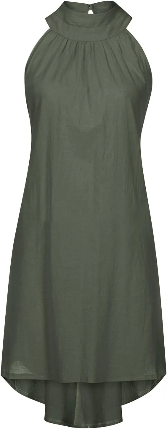 Women's Casual Tie Back Halter Neck Flared Hem Flowy Pleated Beach Sundress Sleeveless Summer A Dresses for Juniors