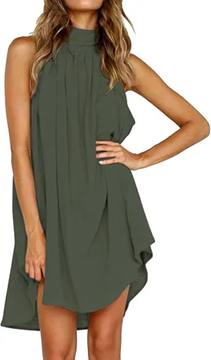 Women's Casual Tie Back Halter Neck Flared Hem Flowy Pleated Beach Sundress Sleeveless Summer A Dresses for Juniors