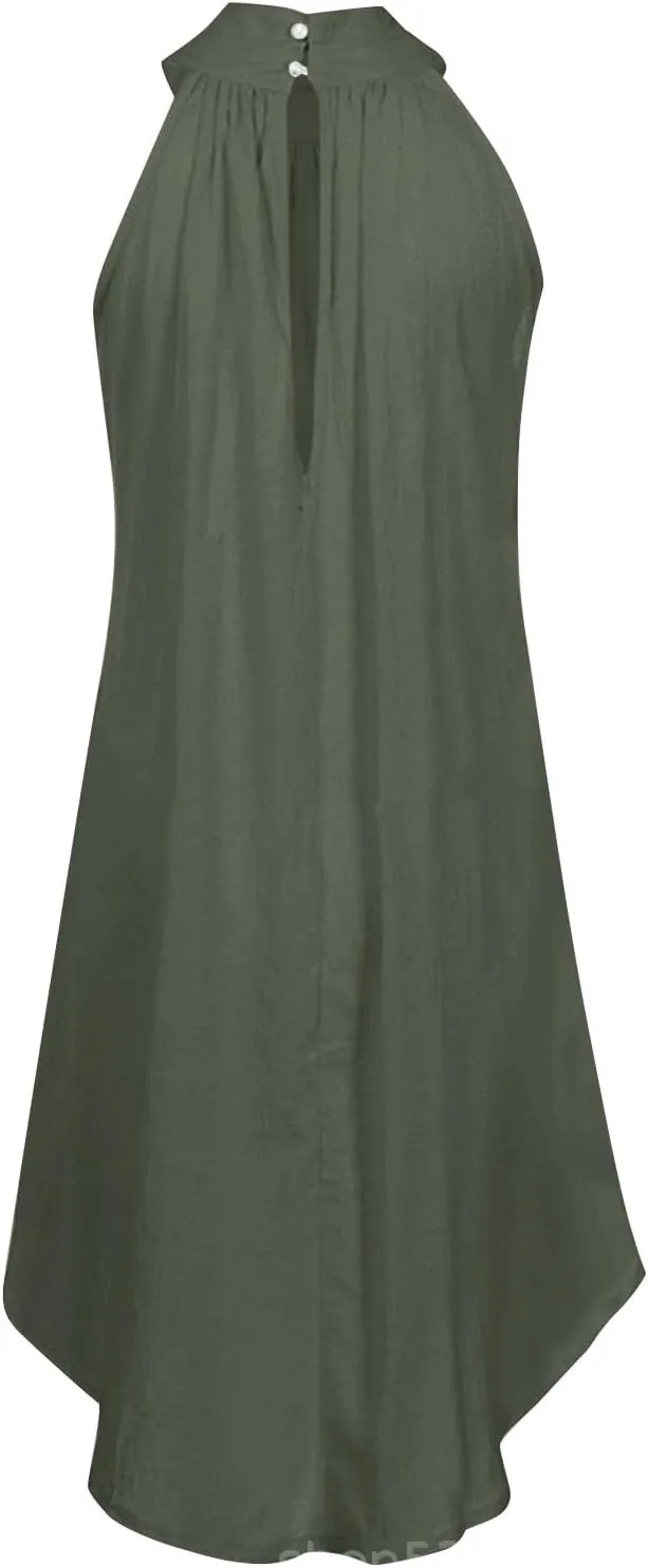 Women's Casual Tie Back Halter Neck Flared Hem Flowy Pleated Beach Sundress Sleeveless Summer A Dresses for Juniors