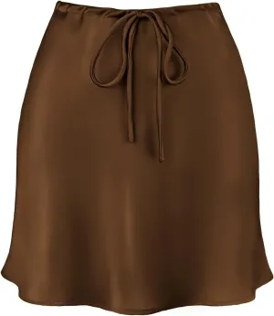 Women's Drawstring Satin Mini Skirt High Waisted Elegant Casual A-Line Flared Silk Short Skirts for Women