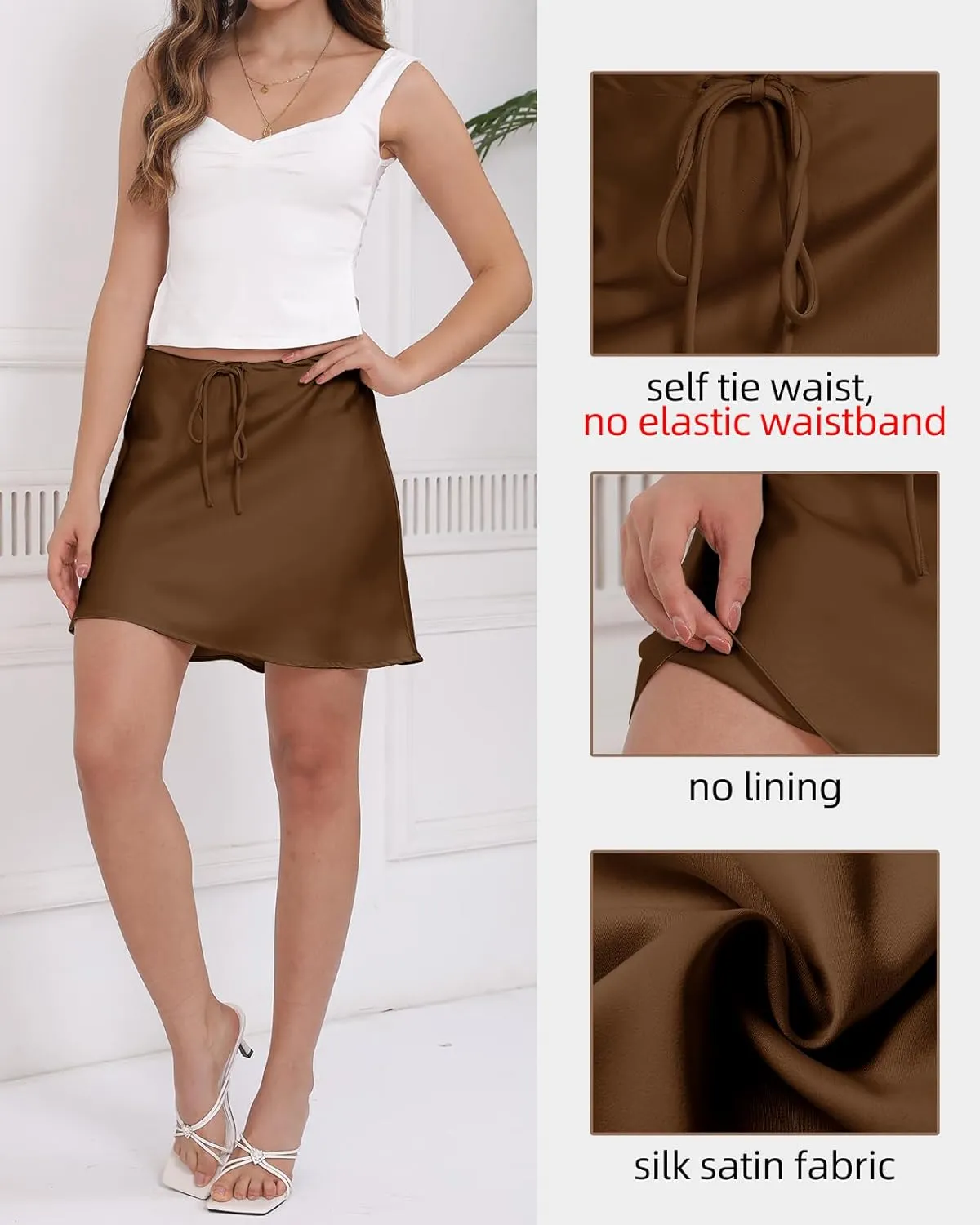 Women's Drawstring Satin Mini Skirt High Waisted Elegant Casual A-Line Flared Silk Short Skirts for Women