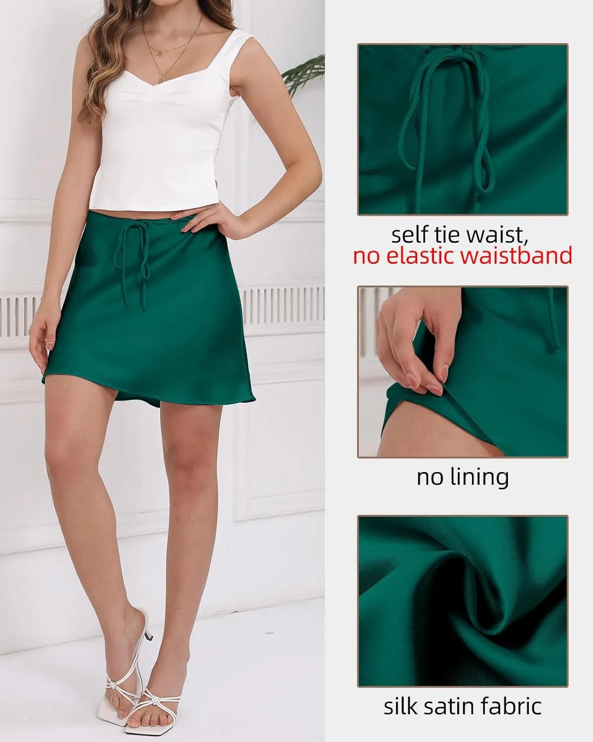 Women's Drawstring Satin Mini Skirt High Waisted Elegant Casual A-Line Flared Silk Short Skirts for Women