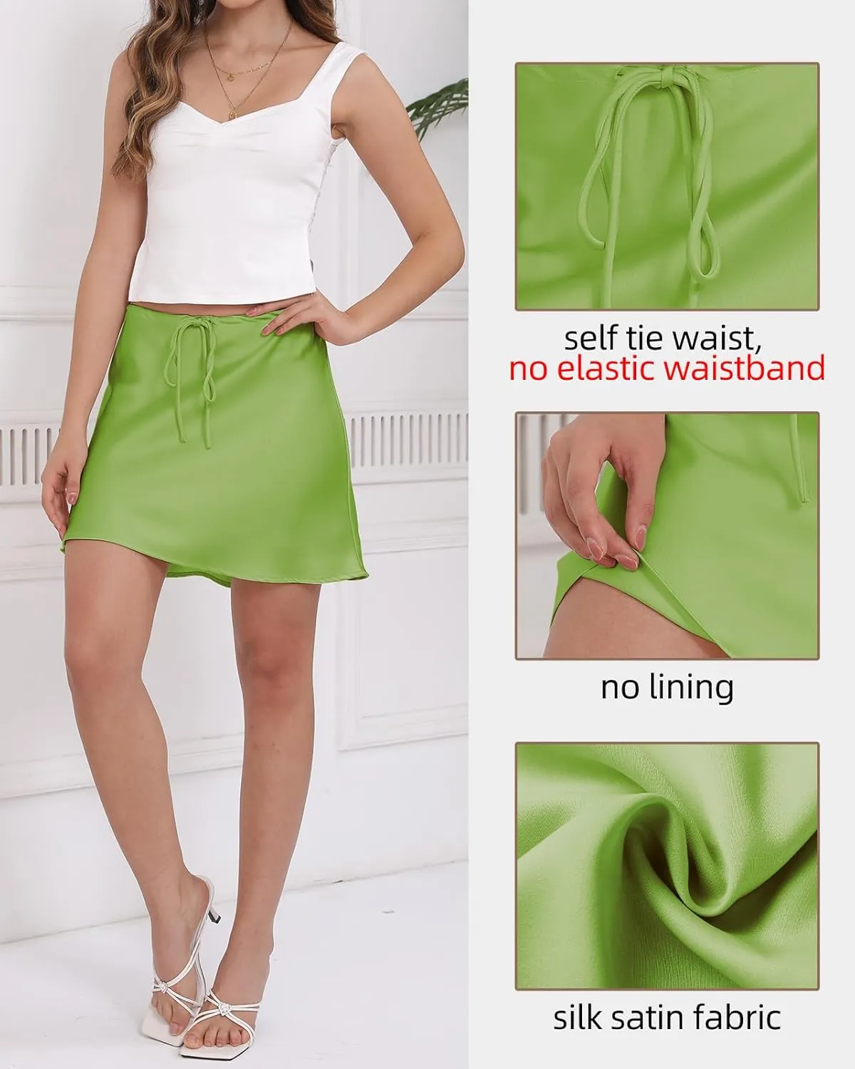 Women's Drawstring Satin Mini Skirt High Waisted Elegant Casual A-Line Flared Silk Short Skirts for Women