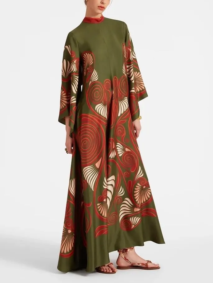 Womens Ethnic Boho Printed Pattern Batwing 3/4 Sleeve Maxi Dresses 2025 Summer Oversize Trendy Long Dress
