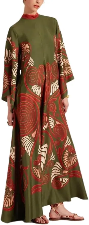 Womens Ethnic Boho Printed Pattern Batwing 3/4 Sleeve Maxi Dresses 2025 Summer Oversize Trendy Long Dress