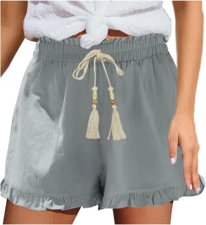 Womens High Waisted Beach Shorts Comfy Summer Drawstring Cotton Shorts Ruffle Flowy Wide Leg Short Pants with Pockets
