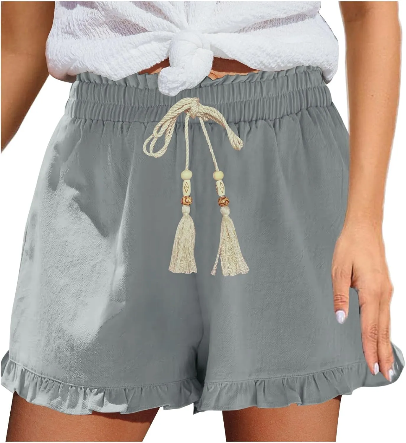 Womens High Waisted Beach Shorts Comfy Summer Drawstring Cotton Shorts Ruffle Flowy Wide Leg Short Pants with Pockets