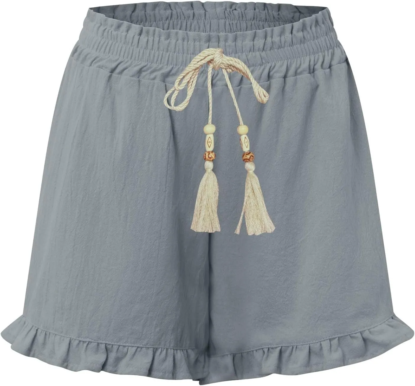 Womens High Waisted Beach Shorts Comfy Summer Drawstring Cotton Shorts Ruffle Flowy Wide Leg Short Pants with Pockets