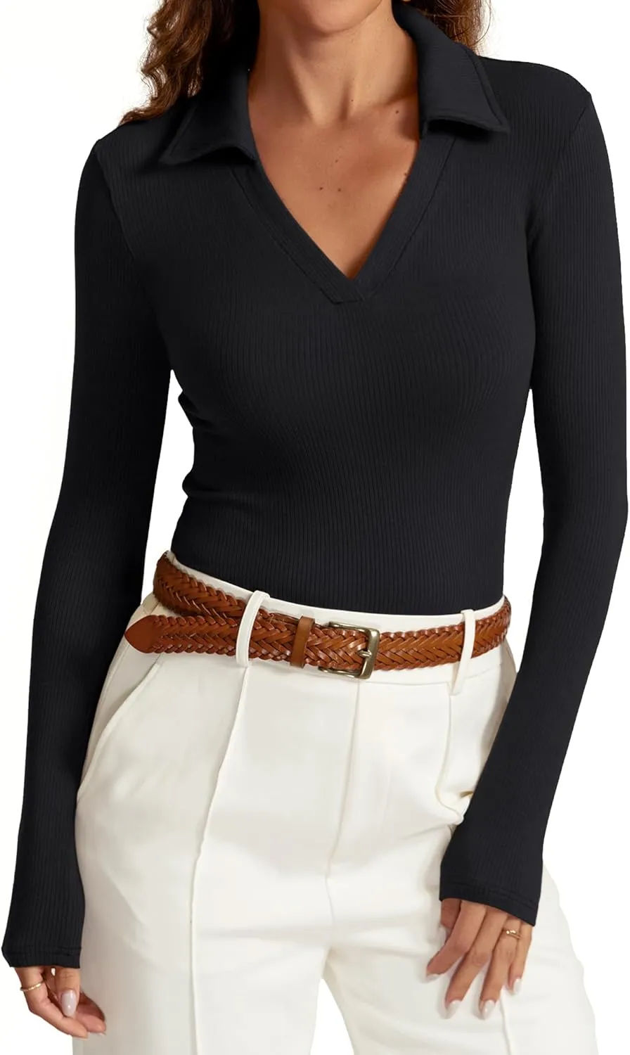 Womens Long Sleeve V Neck Polo Shirts Business Casual Collared Work Top Slim Fitted Basic 2024 Fall Outfit