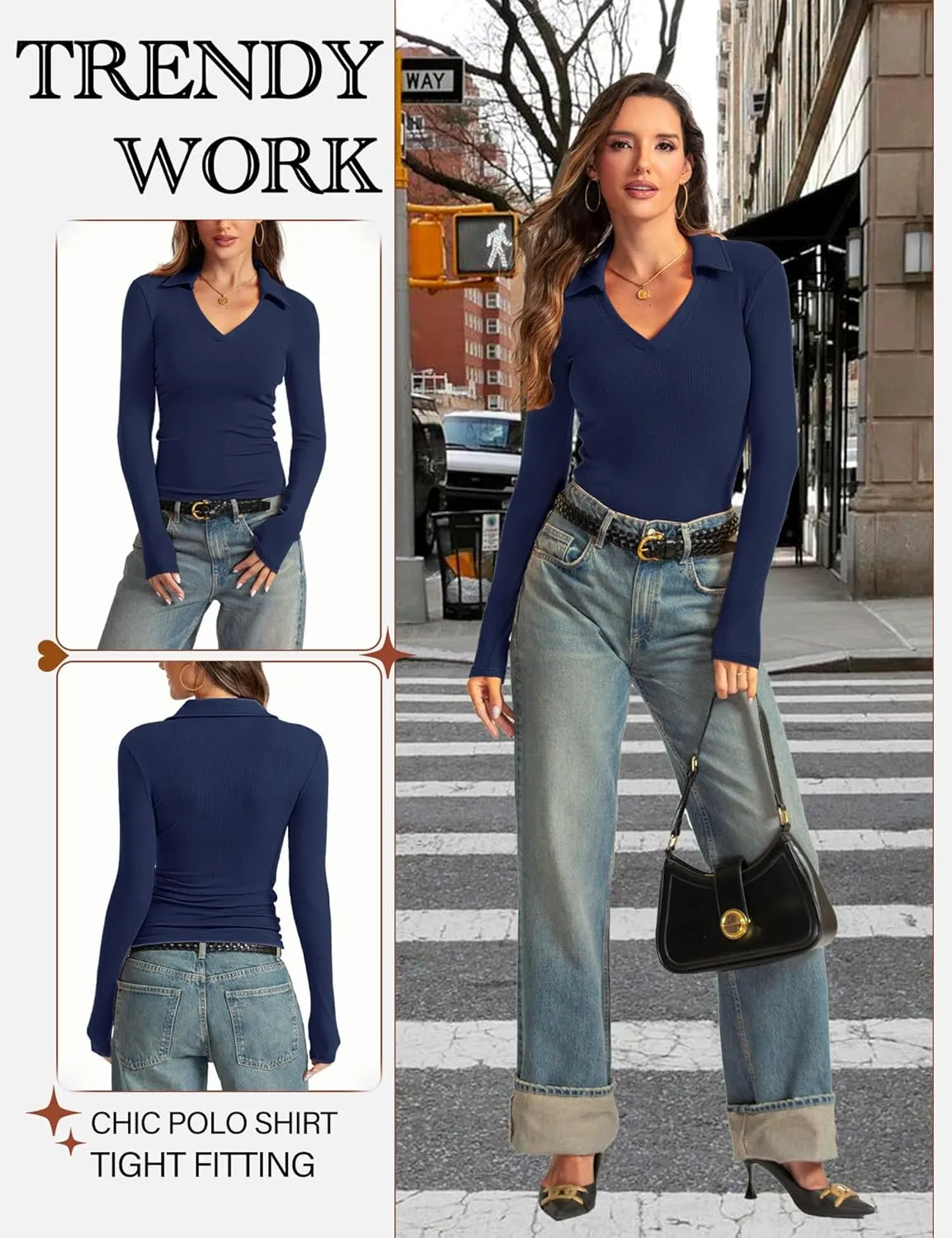 Womens Long Sleeve V Neck Polo Shirts Business Casual Collared Work Top Slim Fitted Basic 2024 Fall Outfit
