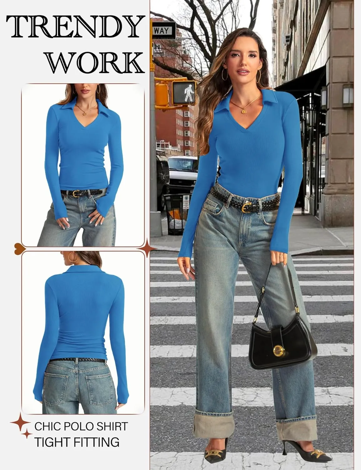 Womens Long Sleeve V Neck Polo Shirts Business Casual Collared Work Top Slim Fitted Basic 2024 Fall Outfit