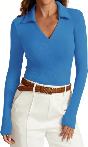 Womens Long Sleeve V Neck Polo Shirts Business Casual Collared Work Top Slim Fitted Basic 2024 Fall Outfit