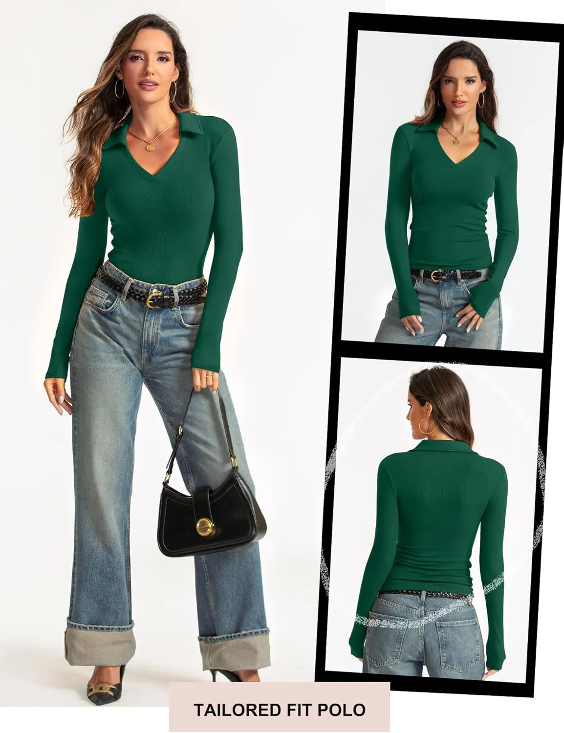 Womens Long Sleeve V Neck Polo Shirts Business Casual Collared Work Top Slim Fitted Basic 2024 Fall Outfit