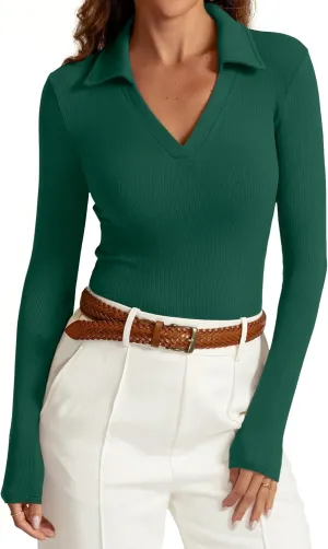 Womens Long Sleeve V Neck Polo Shirts Business Casual Collared Work Top Slim Fitted Basic 2024 Fall Outfit
