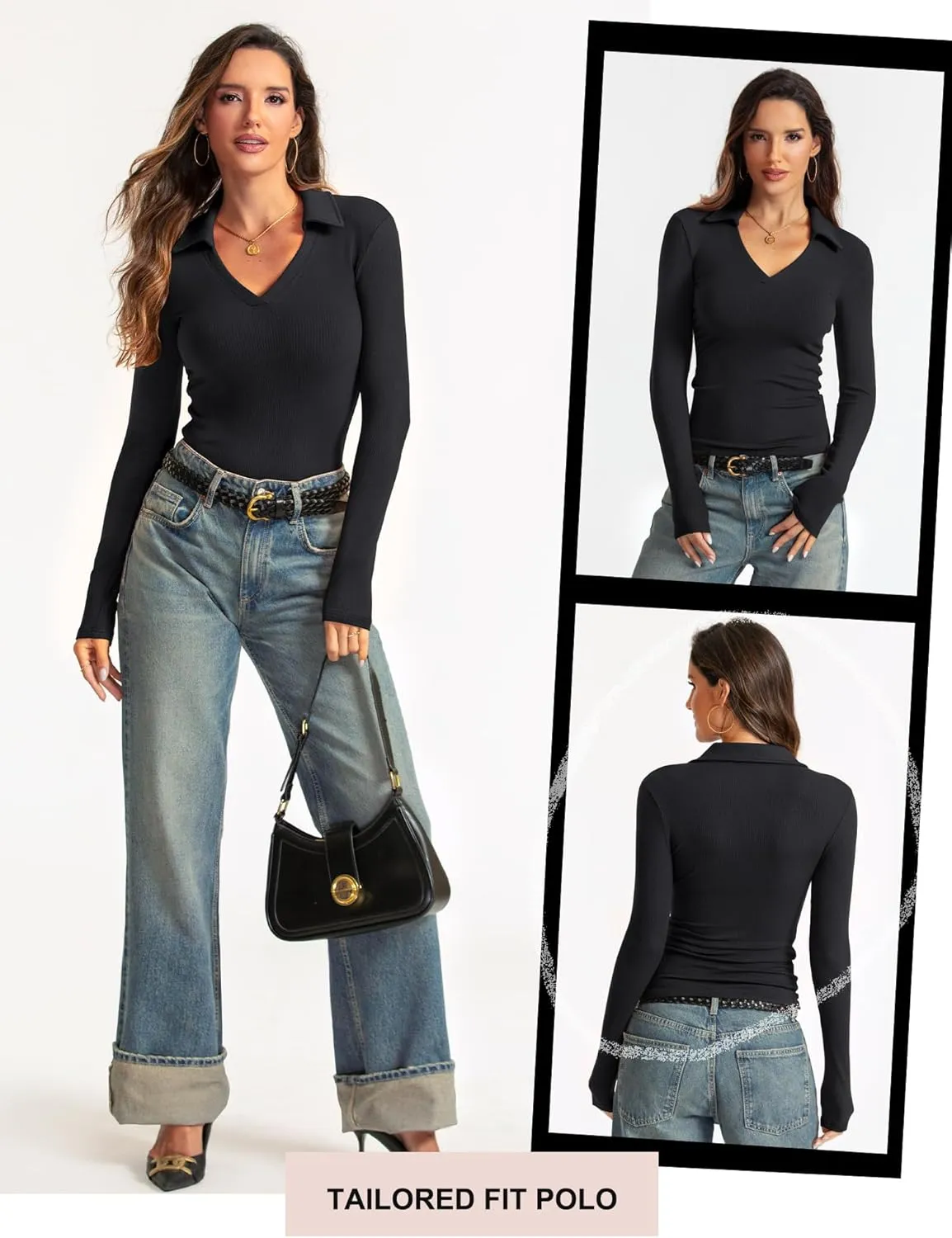 Womens Long Sleeve V Neck Polo Shirts Business Casual Collared Work Top Slim Fitted Basic 2024 Fall Outfit
