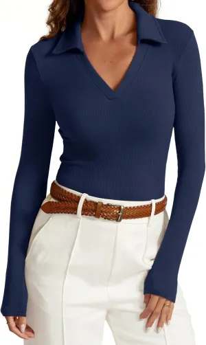 Womens Long Sleeve V Neck Polo Shirts Business Casual Collared Work Top Slim Fitted Basic 2024 Fall Outfit