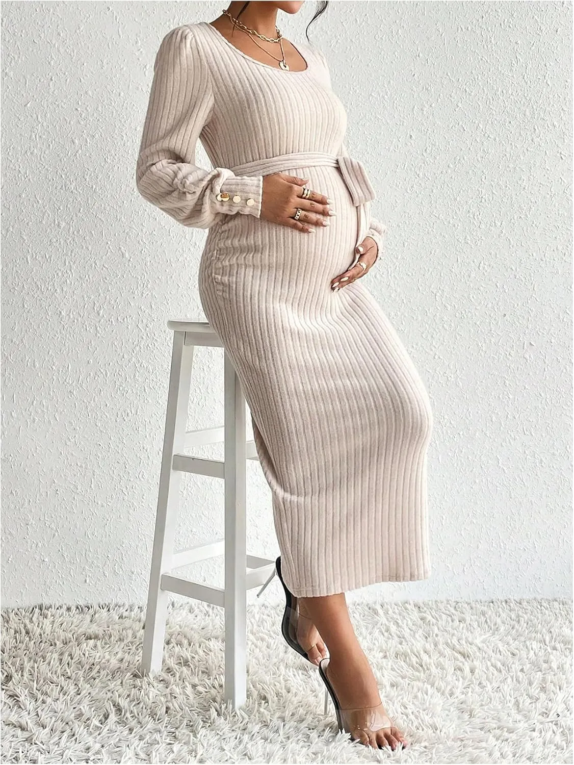 Women's Maternity Dress Scoop Neck Long Sleeve Belted Bodycon Midi Dress
