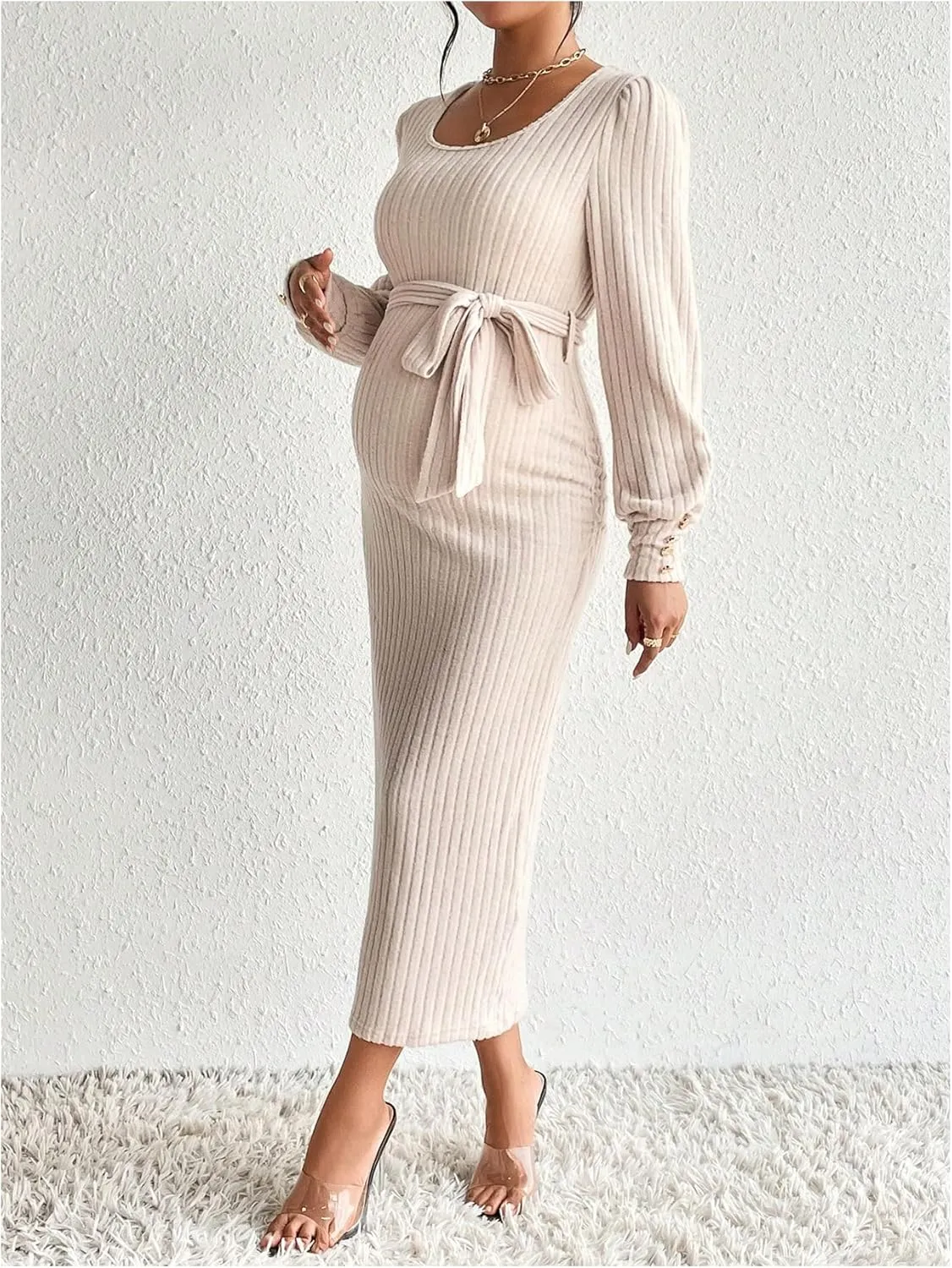 Women's Maternity Dress Scoop Neck Long Sleeve Belted Bodycon Midi Dress