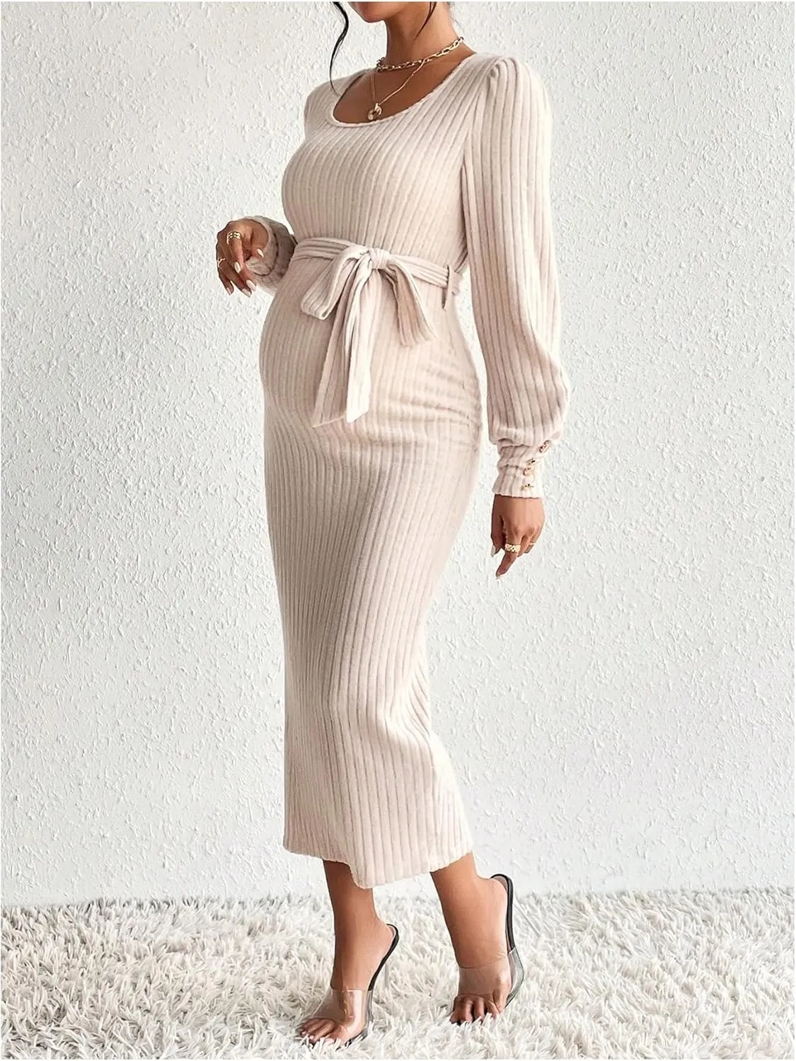 Women's Maternity Dress Scoop Neck Long Sleeve Belted Bodycon Midi Dress