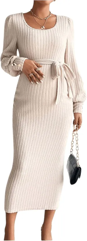 Women's Maternity Dress Scoop Neck Long Sleeve Belted Bodycon Midi Dress