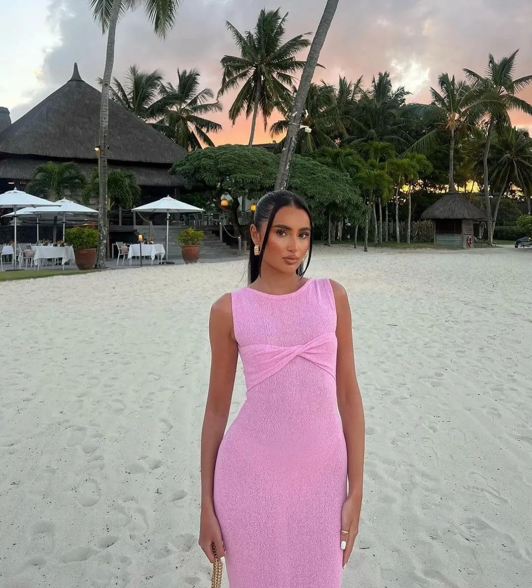 Women's Mesh Knitted Twist Knot Sleeveless Bodycon Dress Sexy See Through Crochet Maxi Long Dress Beach Bikini Cover Ups