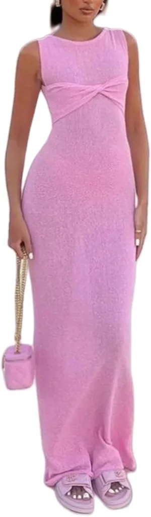 Women's Mesh Knitted Twist Knot Sleeveless Bodycon Dress Sexy See Through Crochet Maxi Long Dress Beach Bikini Cover Ups