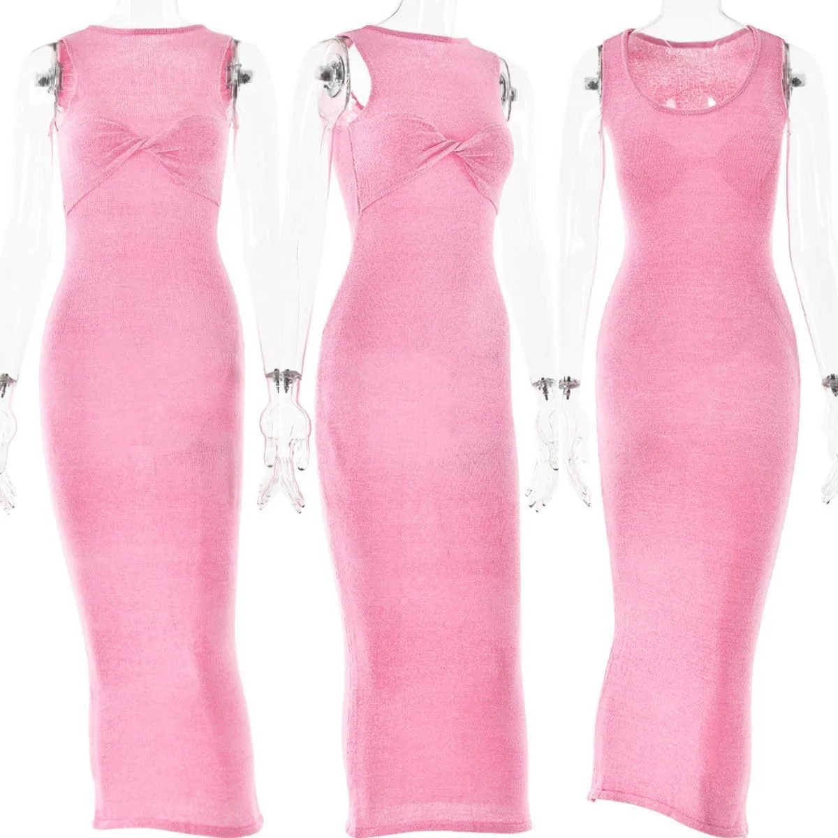 Women's Mesh Knitted Twist Knot Sleeveless Bodycon Dress Sexy See Through Crochet Maxi Long Dress Beach Bikini Cover Ups