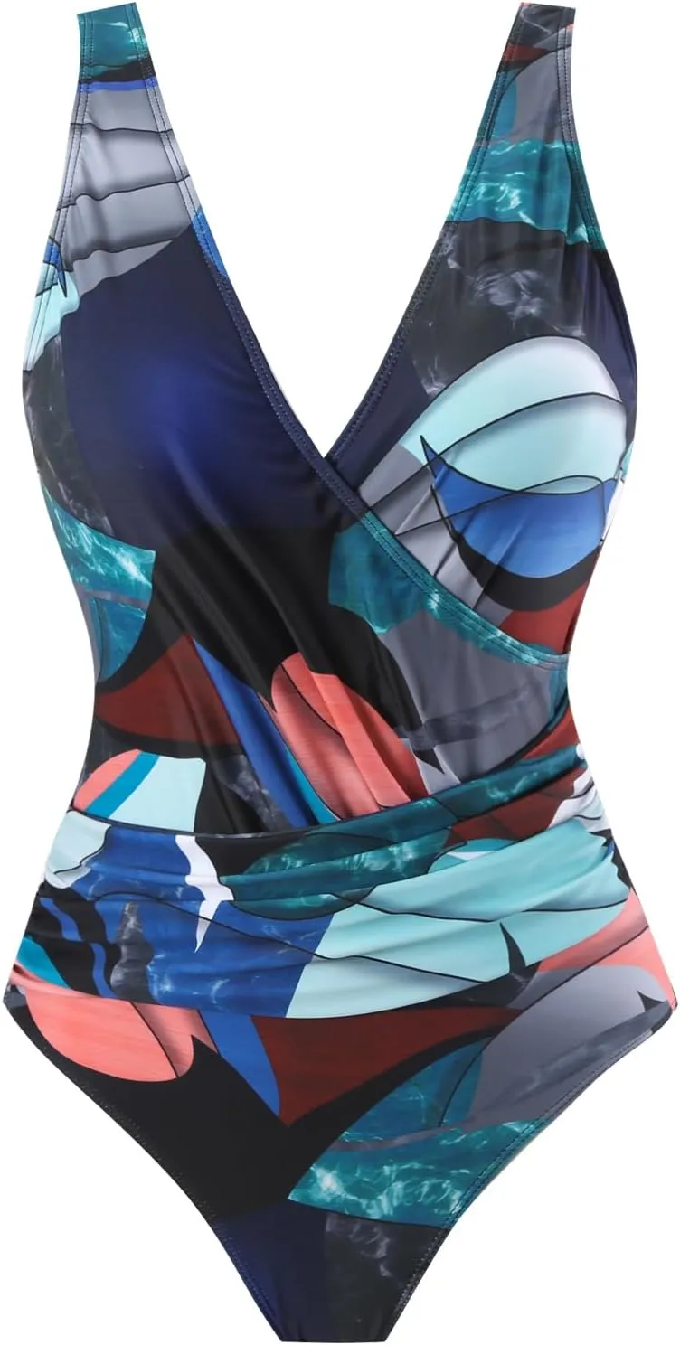 Women's One Piece Swimsuit with Cover up Set Beach Wrap Skirt Retro Floral Print Bathing Suit for Women Tummy Control
