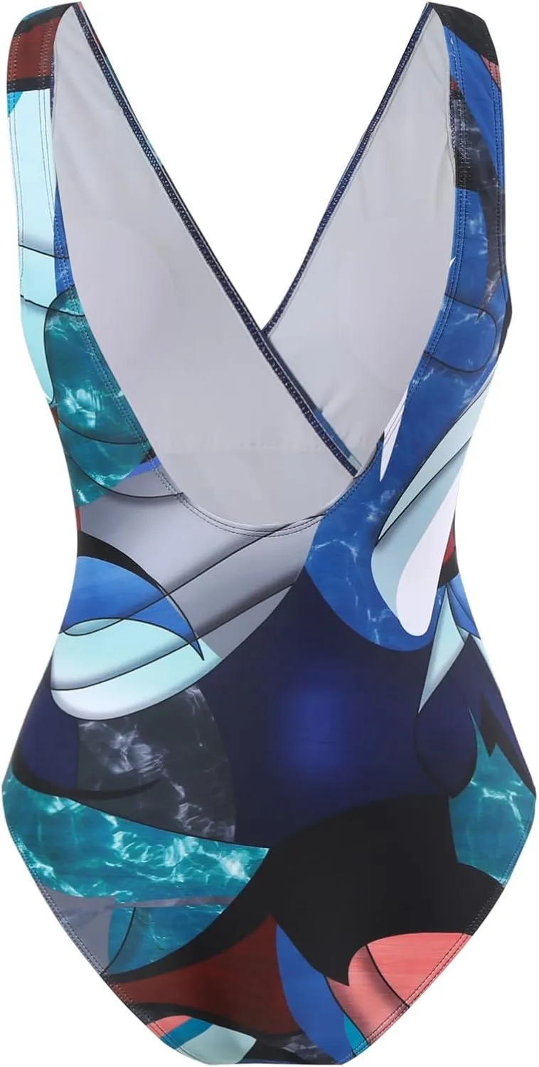 Women's One Piece Swimsuit with Cover up Set Beach Wrap Skirt Retro Floral Print Bathing Suit for Women Tummy Control