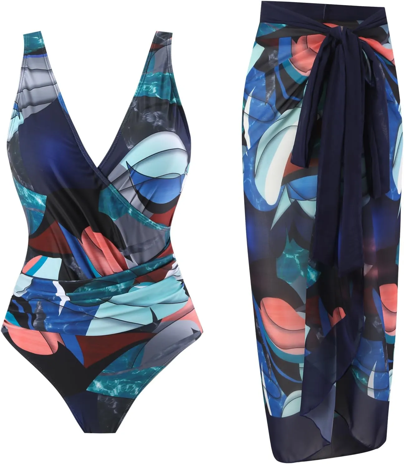Women's One Piece Swimsuit with Cover up Set Beach Wrap Skirt Retro Floral Print Bathing Suit for Women Tummy Control