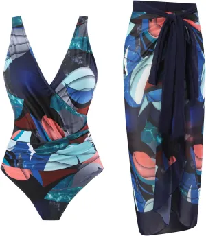 Women's One Piece Swimsuit with Cover up Set Beach Wrap Skirt Retro Floral Print Bathing Suit for Women Tummy Control