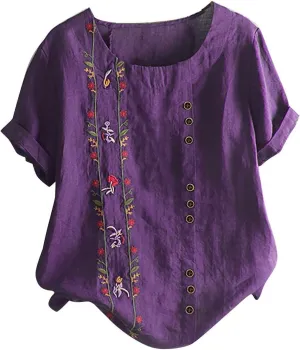 Women's Plus Size Cotton Linen Blouse Short Sleeve Embroidered Floral Print Shirts Casual Round Neck Button Tops Tunic
