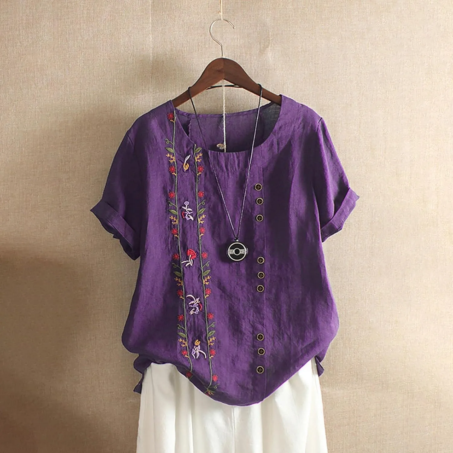 Women's Plus Size Cotton Linen Blouse Short Sleeve Embroidered Floral Print Shirts Casual Round Neck Button Tops Tunic