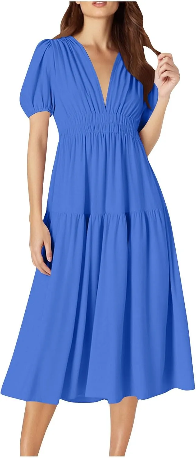 Women's Puff Sleeve Tiered Maxi Dresses Comfy V-Neck Flowy Sundress Empire Waist Pocket Casual Summer Elegant Soft Dress