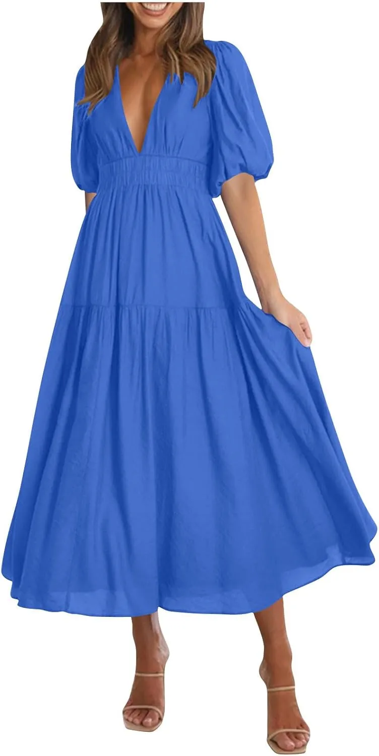 Women's Puff Sleeve Tiered Maxi Dresses Comfy V-Neck Flowy Sundress Empire Waist Pocket Casual Summer Elegant Soft Dress