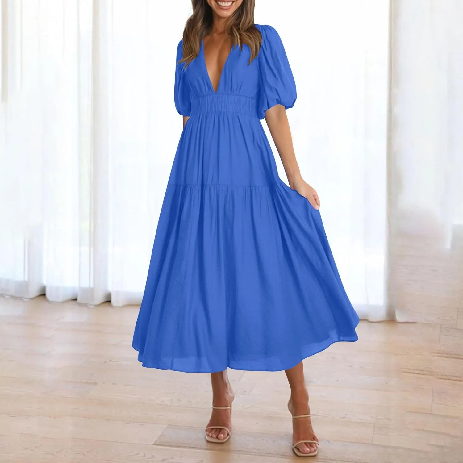 Women's Puff Sleeve Tiered Maxi Dresses Comfy V-Neck Flowy Sundress Empire Waist Pocket Casual Summer Elegant Soft Dress