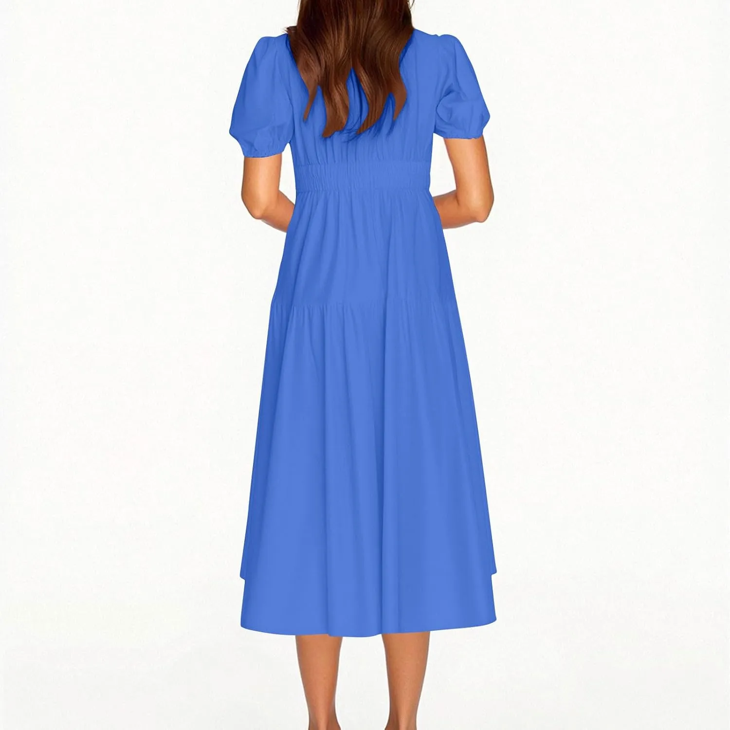 Women's Puff Sleeve Tiered Maxi Dresses Comfy V-Neck Flowy Sundress Empire Waist Pocket Casual Summer Elegant Soft Dress