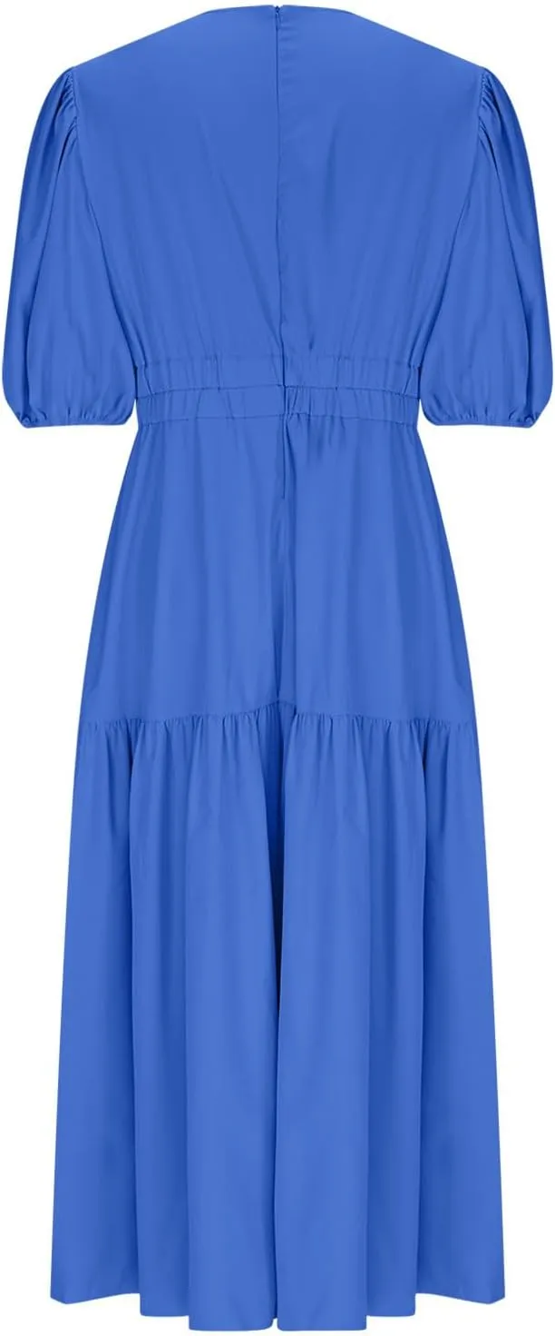 Women's Puff Sleeve Tiered Maxi Dresses Comfy V-Neck Flowy Sundress Empire Waist Pocket Casual Summer Elegant Soft Dress