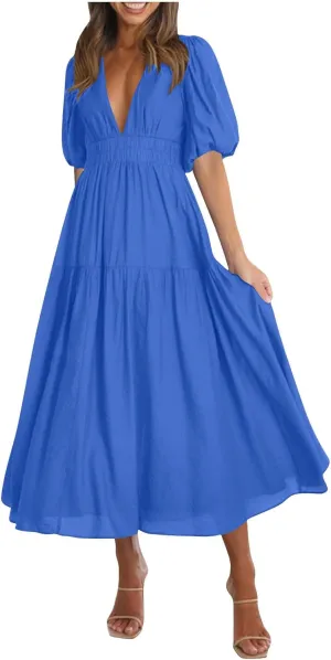 Women's Puff Sleeve Tiered Maxi Dresses Comfy V-Neck Flowy Sundress Empire Waist Pocket Casual Summer Elegant Soft Dress