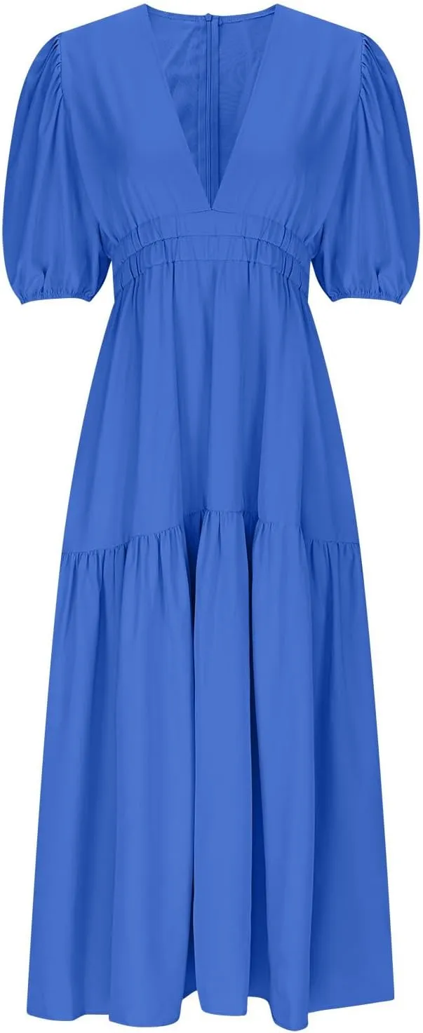 Women's Puff Sleeve Tiered Maxi Dresses Comfy V-Neck Flowy Sundress Empire Waist Pocket Casual Summer Elegant Soft Dress