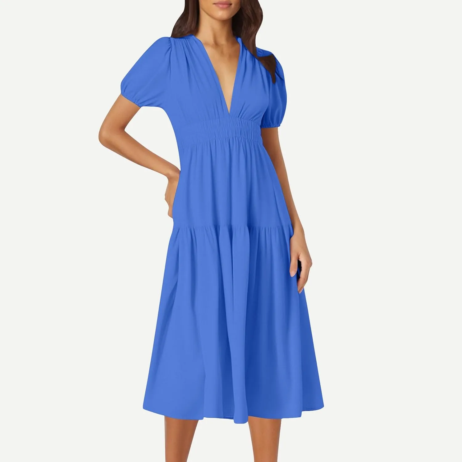Women's Puff Sleeve Tiered Maxi Dresses Comfy V-Neck Flowy Sundress Empire Waist Pocket Casual Summer Elegant Soft Dress
