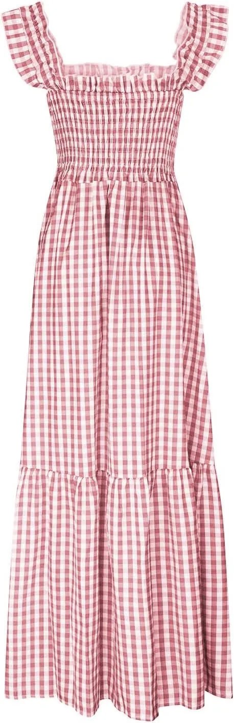 Womens Retro Plaid Smocked Dress Casual Summer Spaghetti Strap Square Neck Midi Dress Flowy A Line Long Dresses