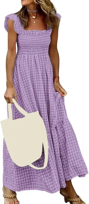Womens Retro Plaid Smocked Dress Casual Summer Spaghetti Strap Square Neck Midi Dress Flowy A Line Long Dresses