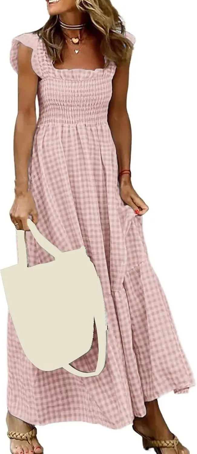 Womens Retro Plaid Smocked Dress Casual Summer Spaghetti Strap Square Neck Midi Dress Flowy A Line Long Dresses