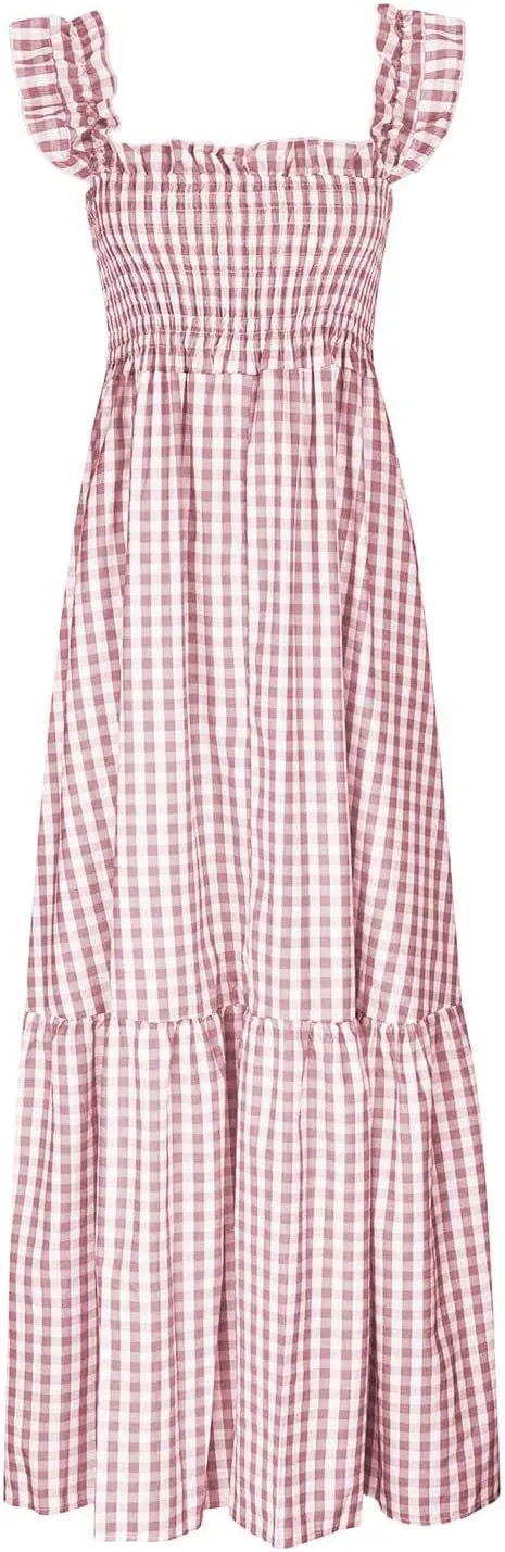 Womens Retro Plaid Smocked Dress Casual Summer Spaghetti Strap Square Neck Midi Dress Flowy A Line Long Dresses