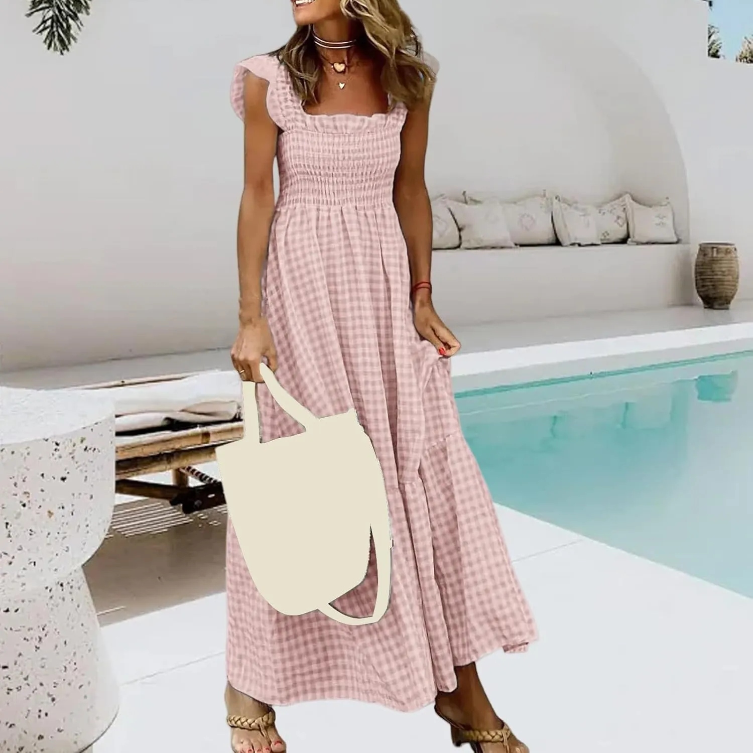 Womens Retro Plaid Smocked Dress Casual Summer Spaghetti Strap Square Neck Midi Dress Flowy A Line Long Dresses