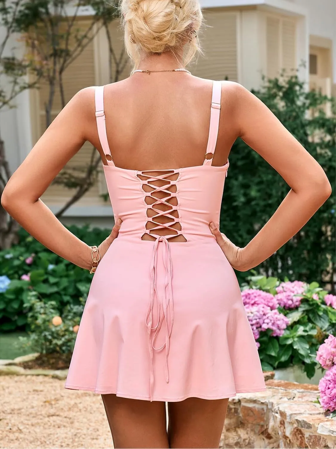Women's Sexy Square Neck Cut Out Mini Dress Sleeveless Back Hollow Out Dress Y2K
