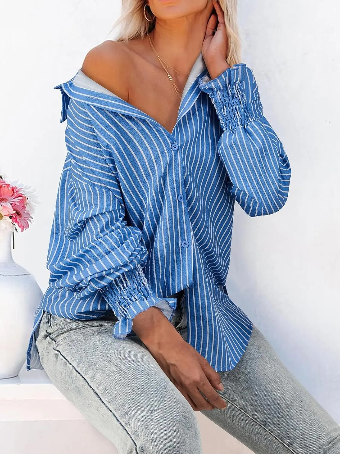 Women's Striped Button Down Shirts Long Sleeve Smocked Cuffed Oversized Boyfriend Blouses Collared Work No Pockets Tops