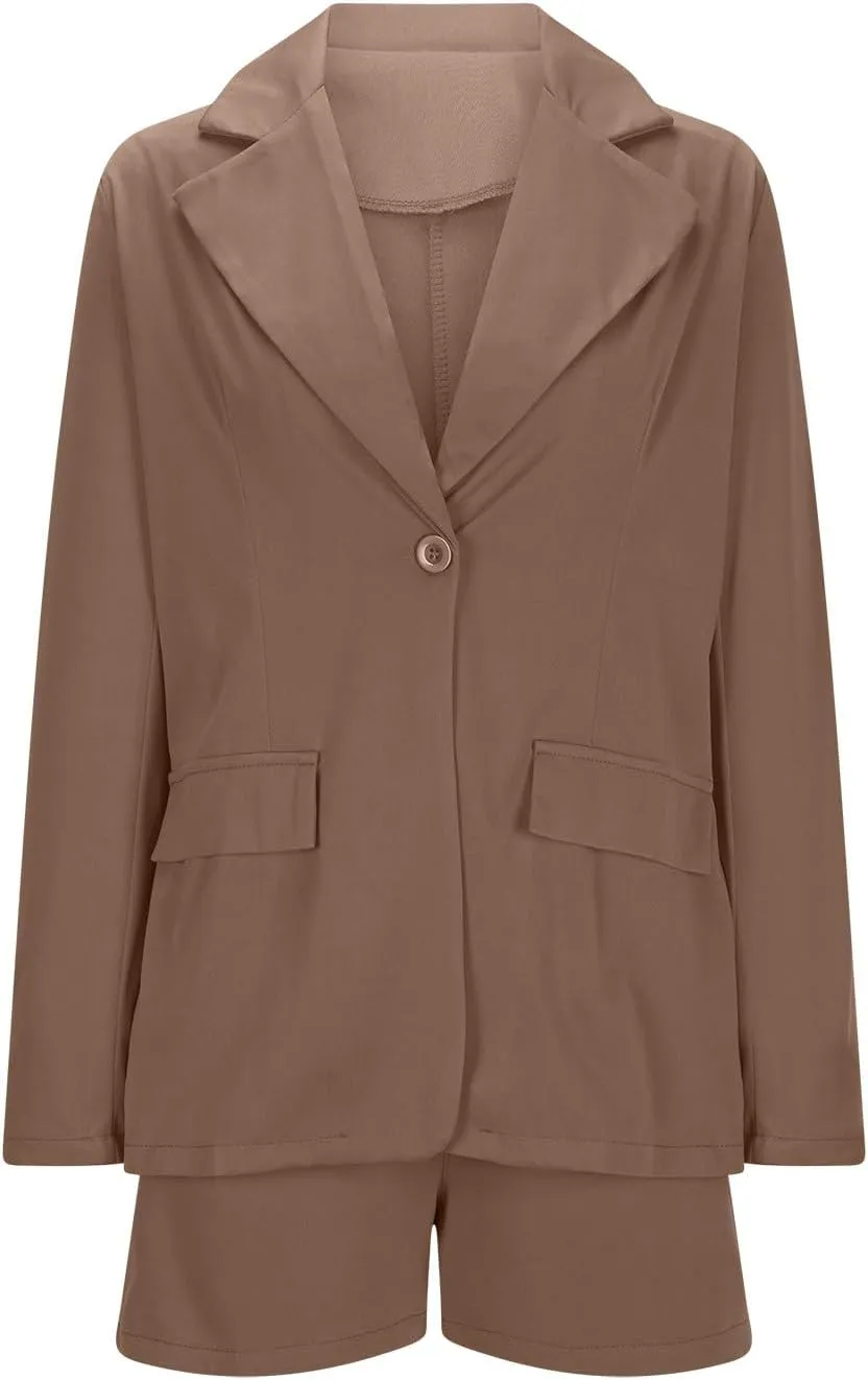 Women's Suits 2 Piece Business Casual Short Set Long Sleeve Button Blazer Jacket and Shorts Dressy Work Matching Outfits