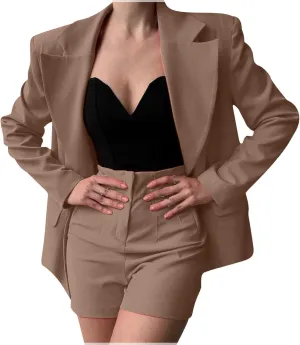 Women's Suits 2 Piece Business Casual Short Set Long Sleeve Button Blazer Jacket and Shorts Dressy Work Matching Outfits